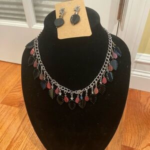 Unique earrings & Necklace set carved black leaves on a silver tone
